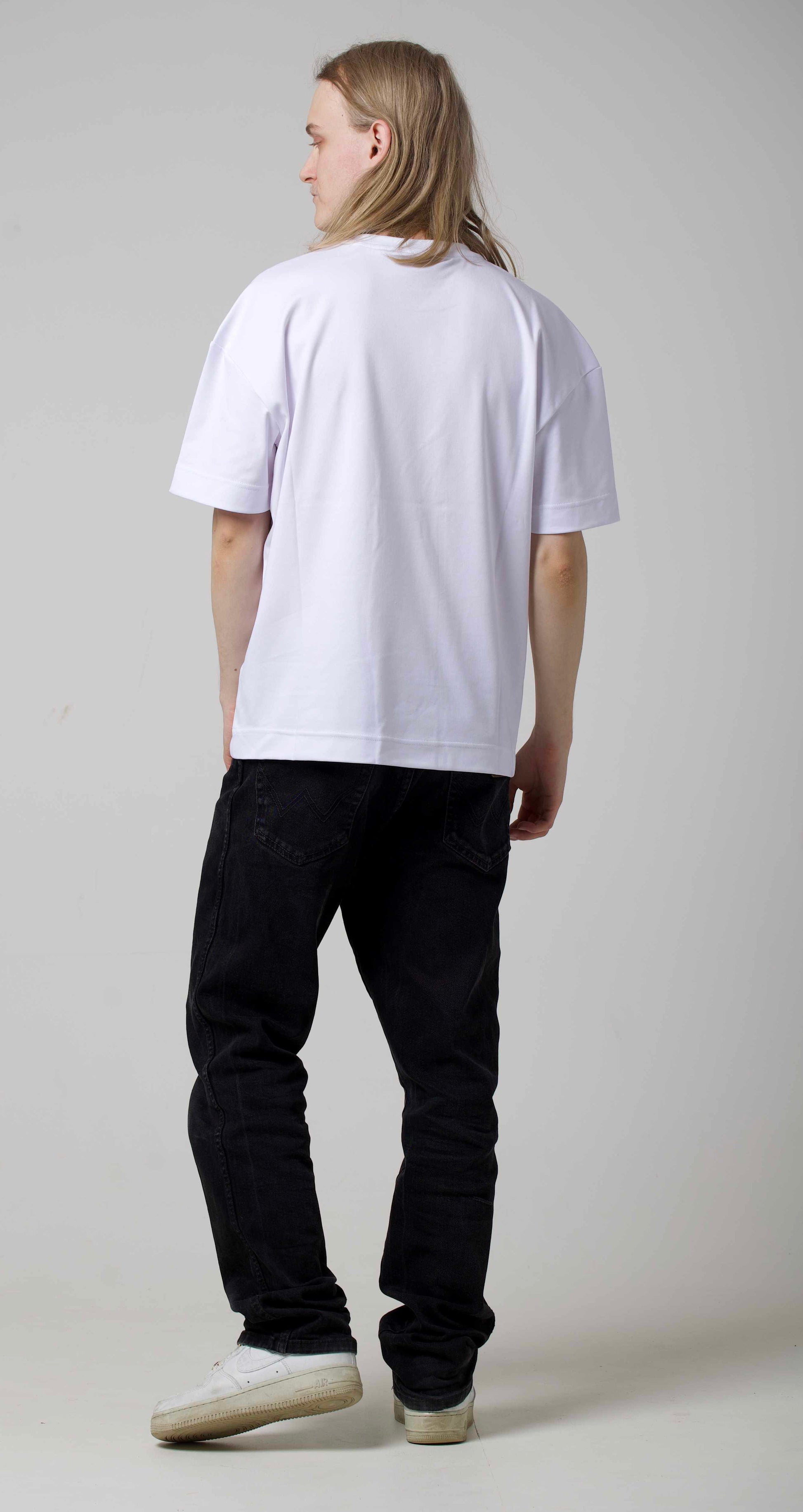 BBAP white oversized t-shirt back side view on male model showing relaxed oversized fit