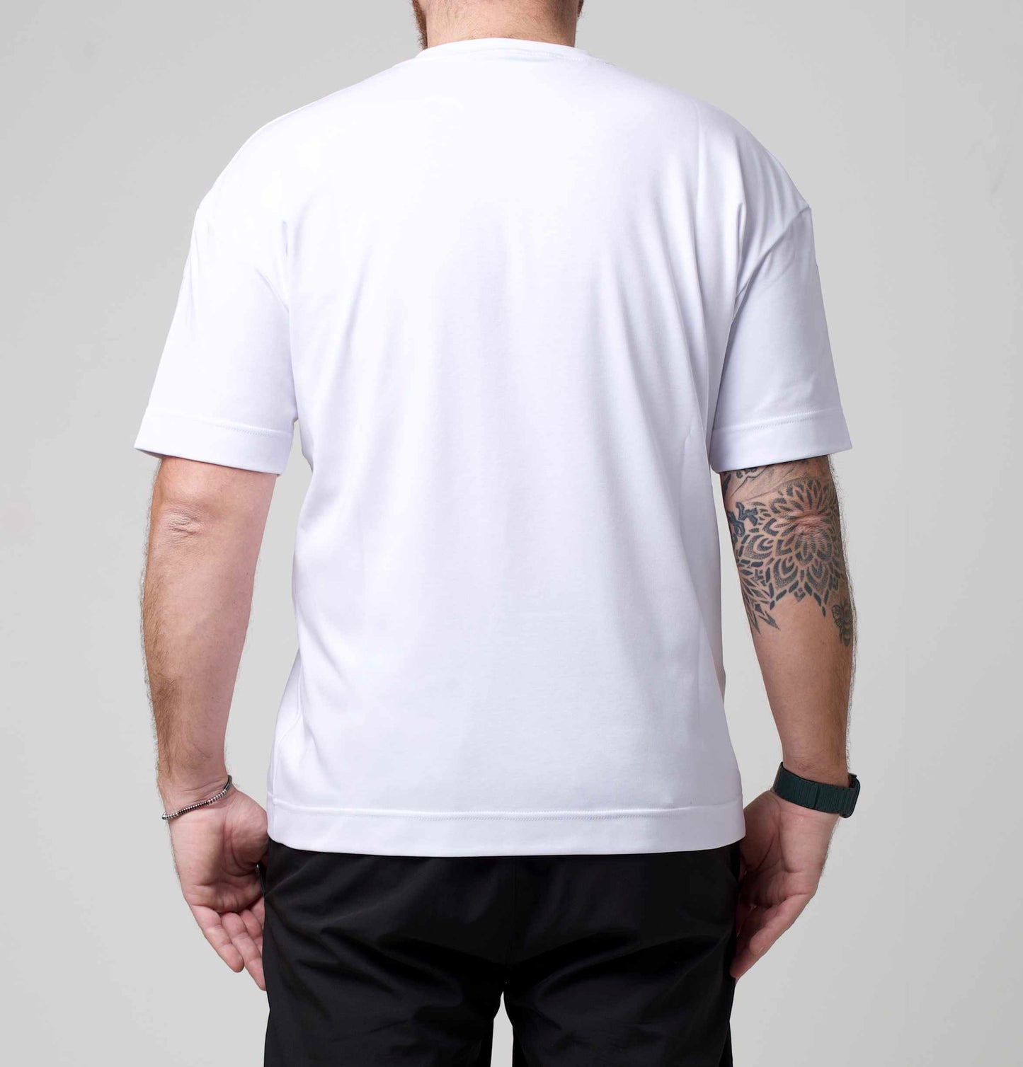 BBAP white oversized t-shirt back view close-up on male model – premium 100% cotton tee