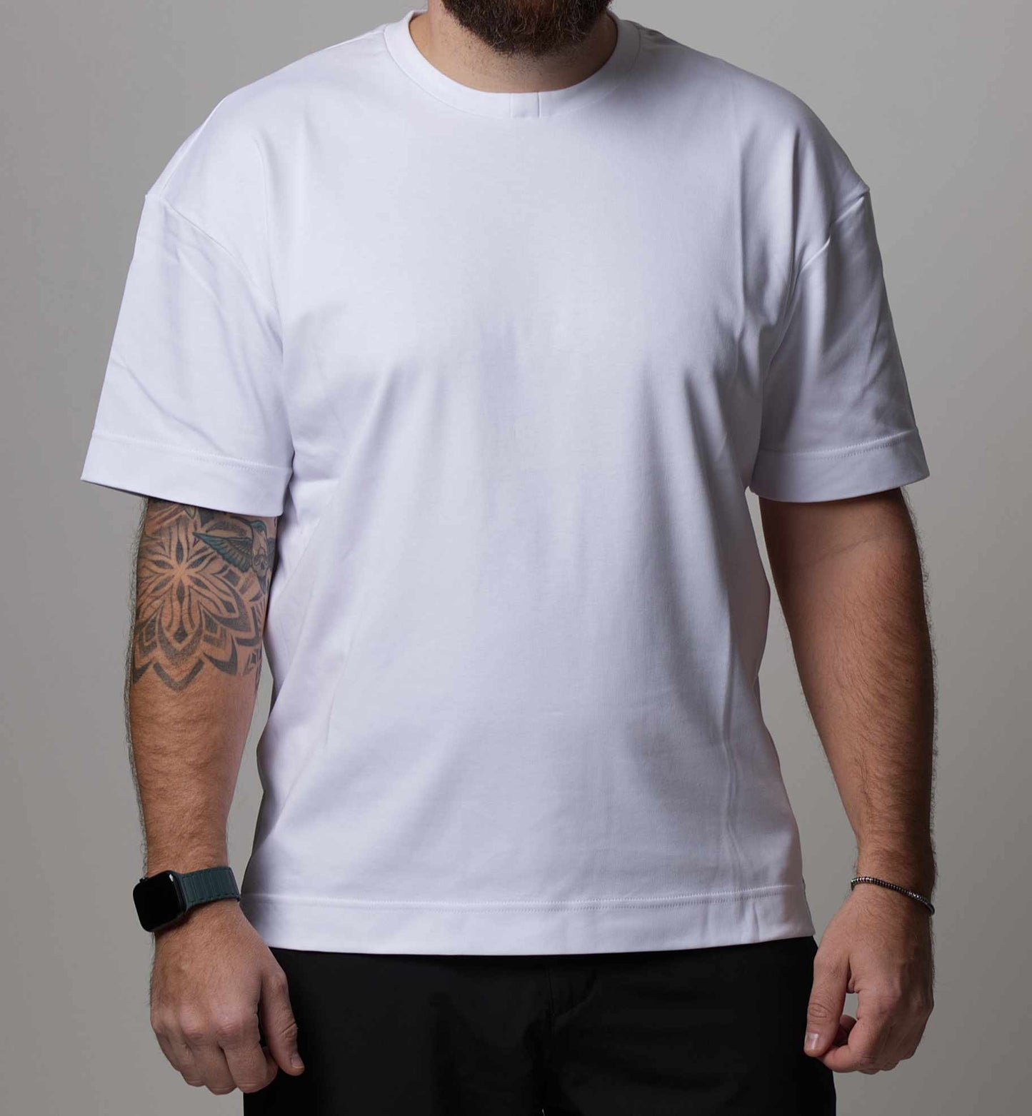 BBAP white oversized t-shirt front view close-up on male model – heavyweight 210gsm cotton