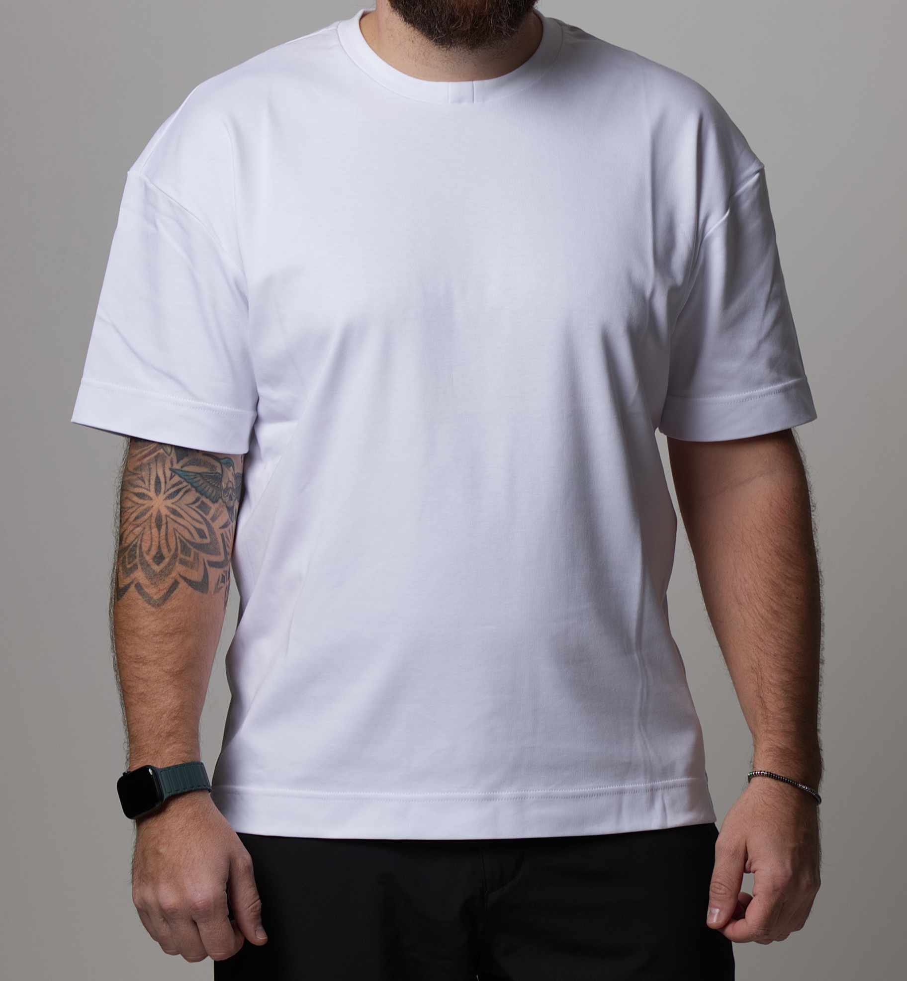 BBAP white oversized t-shirt front view close-up on male model – heavyweight 210gsm cotton
